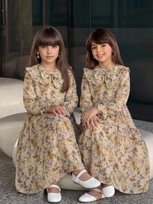 Tween Girl Floral Color Long Sleeve Large Collar Waist-Cinching Bow Dress - Multicolor - View 4