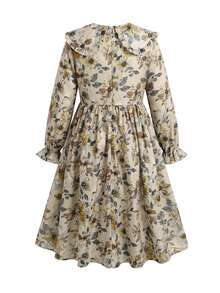 Tween Girl Floral Color Long Sleeve Large Collar Waist-Cinching Bow Dress - Multicolor - View 3