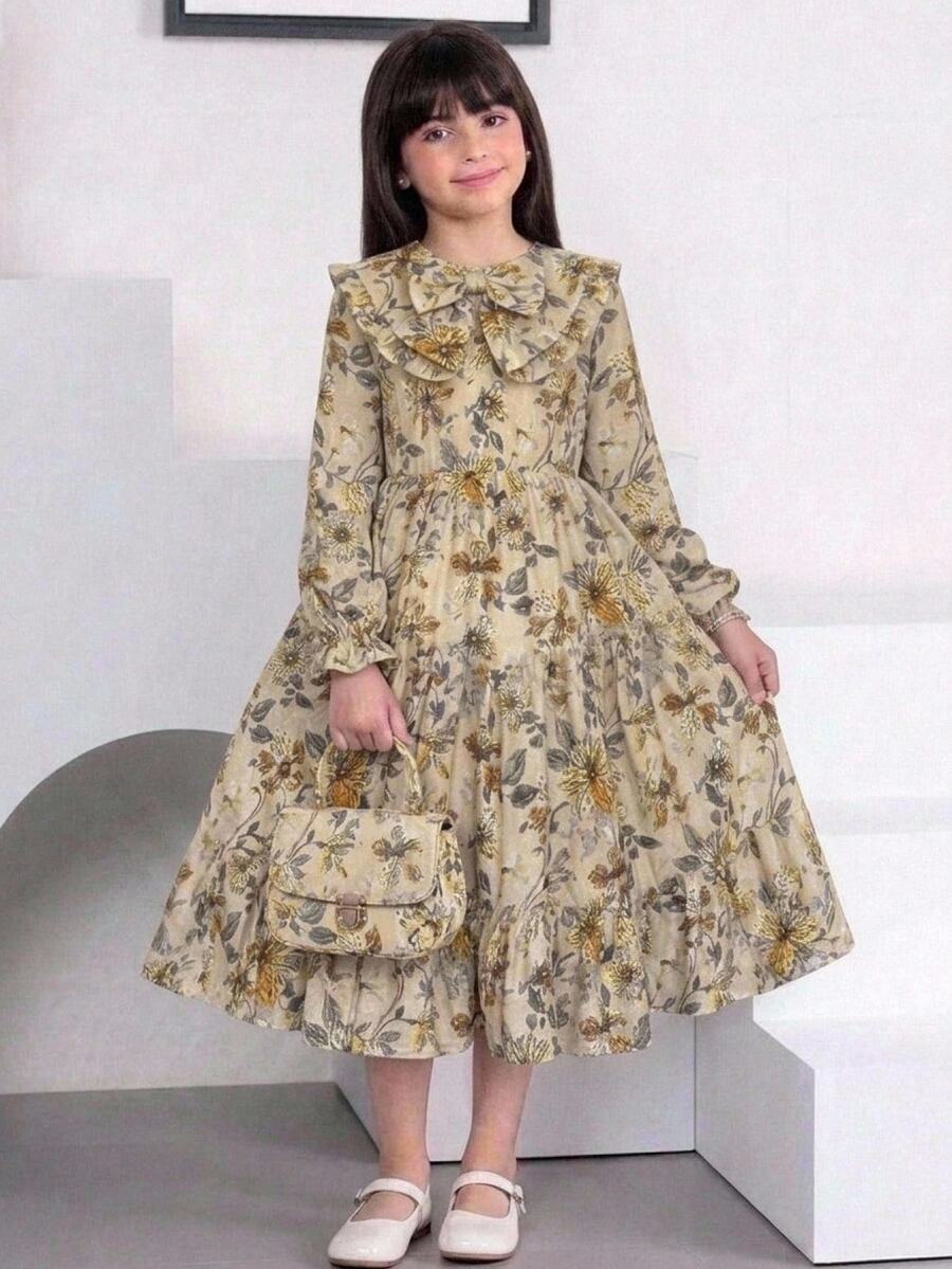Tween Girl Floral Color Long Sleeve Large Collar Waist-Cinching Bow Dress - Multicolor - View 1