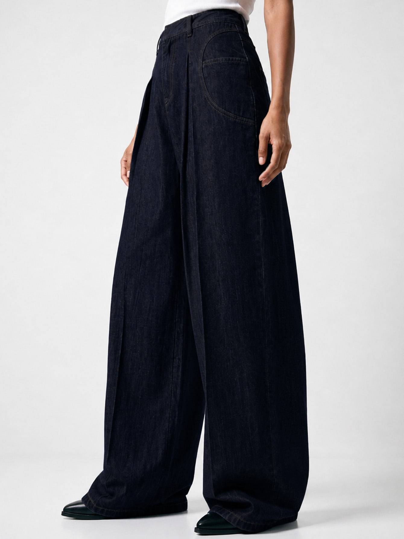 Dark Wash Denim Wide Leg Pocket Pleated Pants, view 3