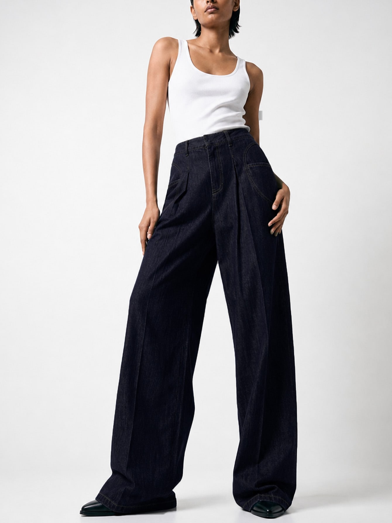 Dark Wash Denim Wide Leg Pocket Pleated Pants, view 4