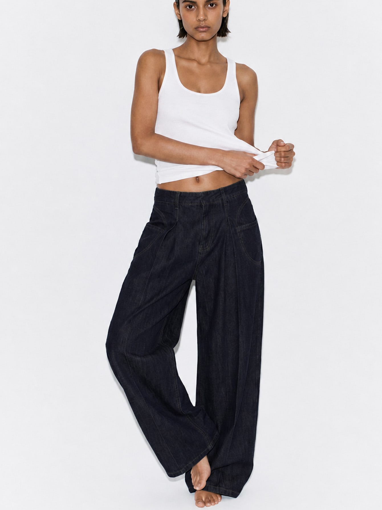 Dark Wash Denim Wide Leg Pocket Pleated Pants, view 8