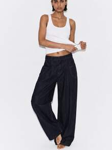 Zerodot Celana Panjang Wanita Denim Warna Gelap Model Lebar dengan Saku dan Lipit, Kasual untuk Sehari-hari di Musim Gugur dan Awal Musim Gugur - Dark Wash - View 8