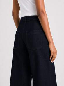 Zerodot Celana Panjang Wanita Denim Warna Gelap Model Lebar dengan Saku dan Lipit, Kasual untuk Sehari-hari di Musim Gugur dan Awal Musim Gugur - Dark Wash - View 6