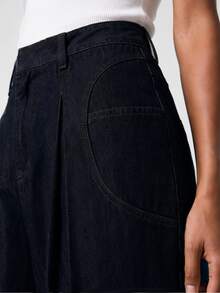 Zerodot Celana Panjang Wanita Denim Warna Gelap Model Lebar dengan Saku dan Lipit, Kasual untuk Sehari-hari di Musim Gugur dan Awal Musim Gugur - Dark Wash - View 5