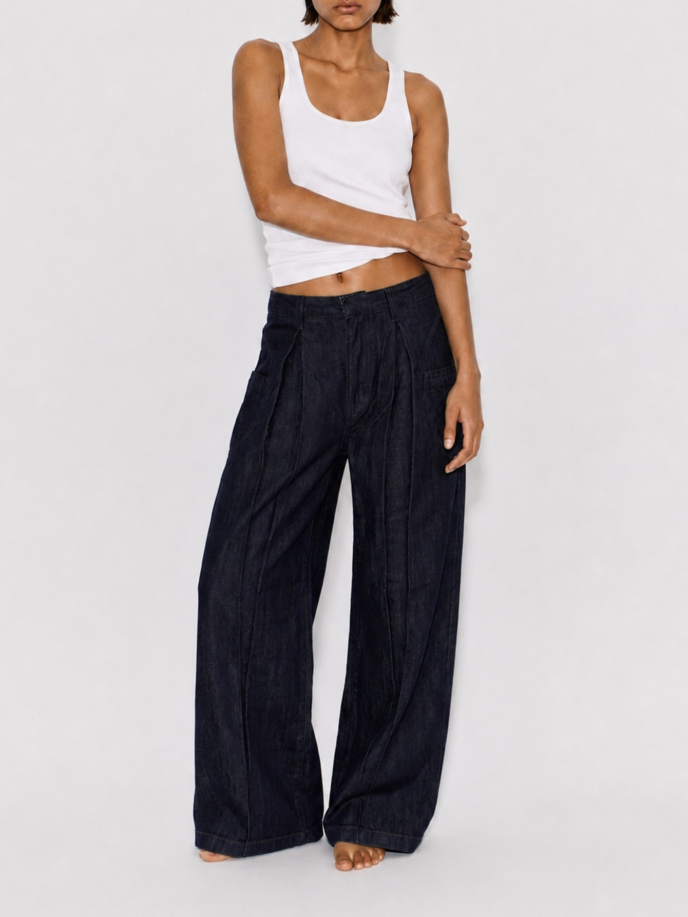 Dark Wash Denim Wide Leg Pocket Pleated Pants, view 7