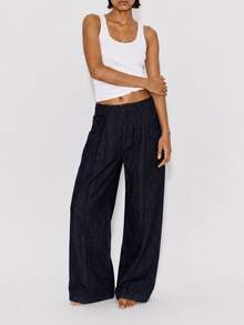 Zerodot Celana Panjang Wanita Denim Warna Gelap Model Lebar dengan Saku dan Lipit, Kasual untuk Sehari-hari di Musim Gugur dan Awal Musim Gugur - Dark Wash - View 7