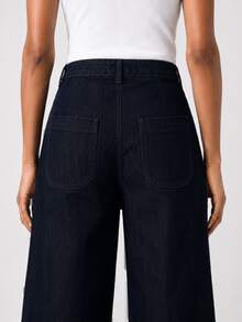 Zerodot Celana Panjang Wanita Denim Warna Gelap Model Lebar dengan Saku dan Lipit, Kasual untuk Sehari-hari di Musim Gugur dan Awal Musim Gugur - Dark Wash - View 2