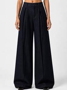 Zerodot Celana Panjang Wanita Denim Warna Gelap Model Lebar dengan Saku dan Lipit, Kasual untuk Sehari-hari di Musim Gugur dan Awal Musim Gugur - Dark Wash - View 1