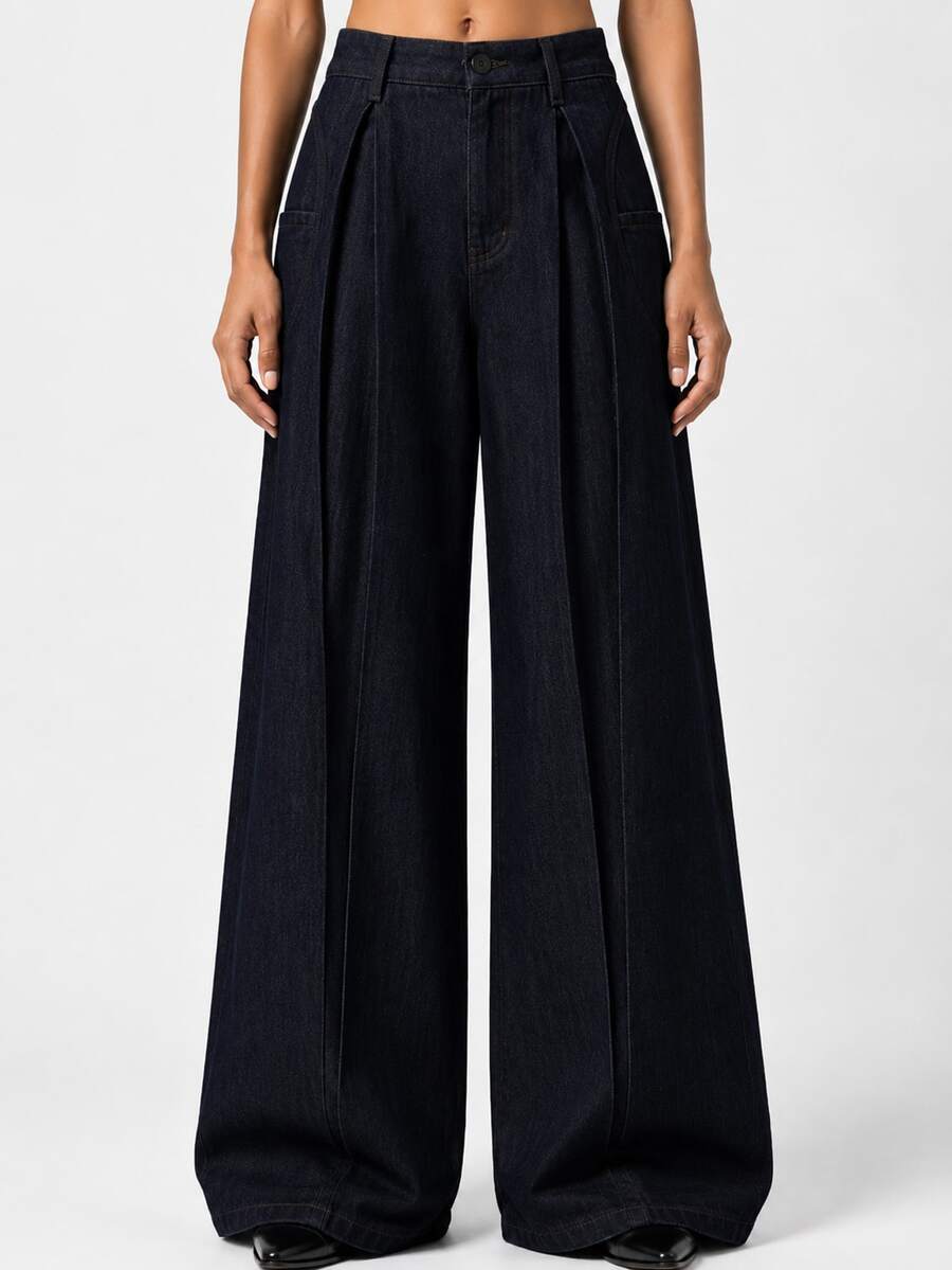 Zerodot Celana Panjang Wanita Denim Warna Gelap Model Lebar dengan Saku dan Lipit, Kasual untuk Sehari-hari di Musim Gugur dan Awal Musim Gugur - Dark Wash - View 1