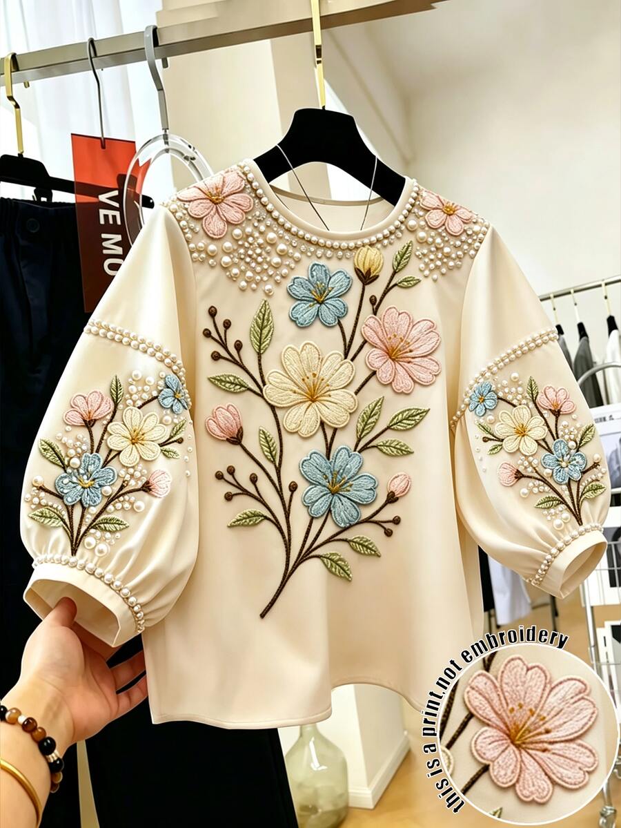 GlowEve CURVE 女款大尺碼春夏新品:奢華優雅仿刺繡花卉印花上衣,高端圓領中袖外出上衣,度假休閒襯衫,夏季女裝休閒襯衫,度假穿搭,鄉村風女裝 - 彩色 - 查看 1