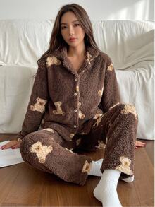 Teen Girl Fuzzy Bear Single-Breasted Top And Pants Loungewear - Coffee Brown - View 5