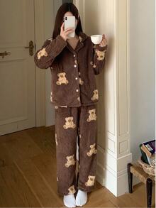 Teen Girl Fuzzy Bear Single-Breasted Top And Pants Loungewear - Coffee Brown - View 2