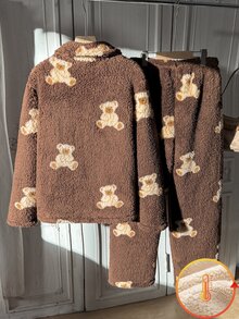 Teen Girl Fuzzy Bear Single-Breasted Top And Pants Loungewear - Coffee Brown - View 7