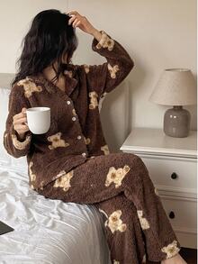 Teen Girl Fuzzy Bear Single-Breasted Top And Pants Loungewear - Coffee Brown - View 3