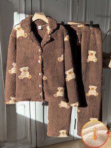 Teen Girl Fuzzy Bear Single-Breasted Top And Pants Loungewear - Coffee Brown - View 6