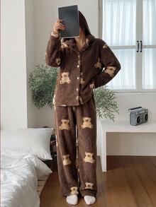 Teen Girl Fuzzy Bear Single-Breasted Top And Pants Loungewear - Coffee Brown - View 4