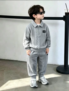 秋冬男童時尚簡約半拉鍊領紋理衛衣＋長褲套裝，適合秋冬日常上學穿著 - 淺灰色 - 查看 1