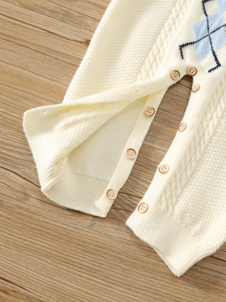SHEIN Baby Boy Baby Girl Newborn Autumn/Winter Casual Cute Knitted Sweater Romper, Cute Sweater Romper, Autumn/Winter One-Piece Sweater, Infant Sweater Romper, Collared Sweater - Multicolor - View 10
