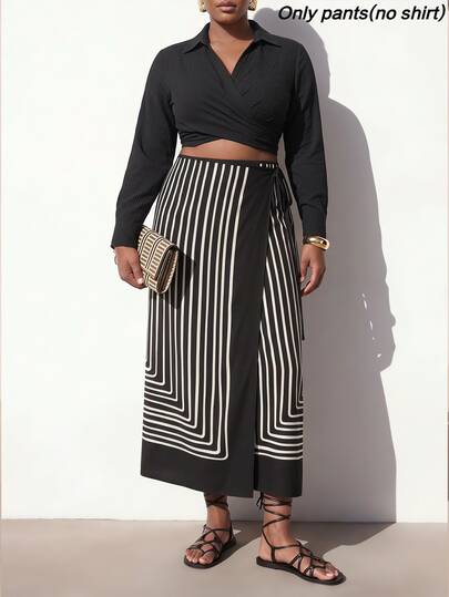 Zivah New Summer/Fall Plus Size Women's B&W Geometric Stripe Skirt Side Tie Wrap/Elegant/Holiday/Festival/Vacation/Boho/Commute/Concert/Casual/Party/