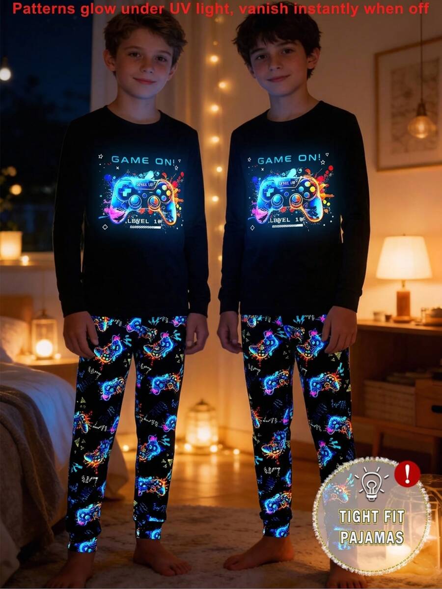 SHEIN 2件組青少年男孩螢光印花遊戲機圖案長袖T恤與長褲套裝，修身睡衣，休閒學院風，舒適時尚極簡百搭柔軟面料，適合日常穿著、睡眠、疊穿，秋冬季