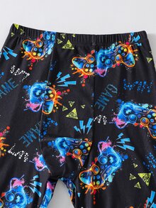 SHEIN 2件組青少年男孩螢光印花遊戲機圖案長袖T恤與長褲套裝，修身睡衣，休閒學院風，舒適時尚極簡百搭柔軟面料，適合日常穿著、睡眠、疊穿，秋冬季 - 彩色 - 查看 6
