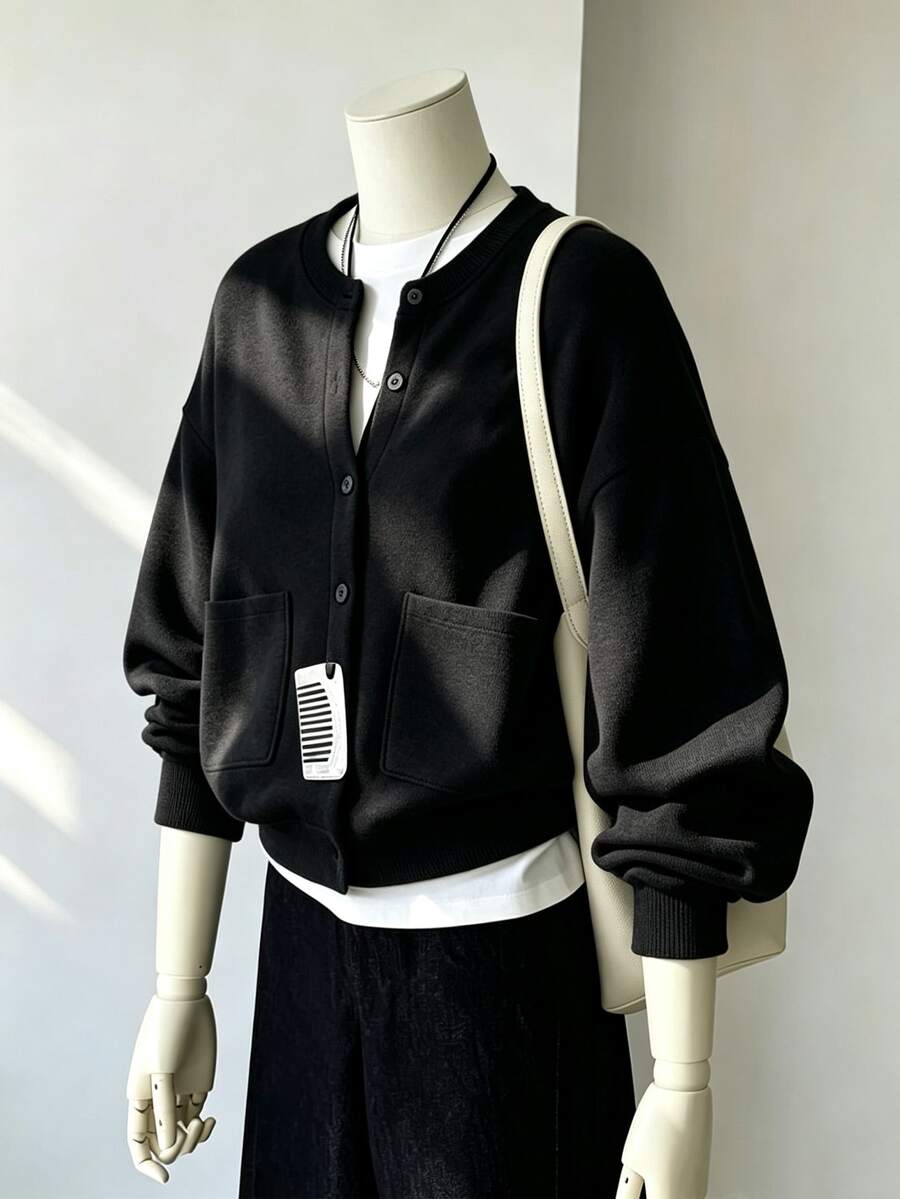 Resyla Women's Solid Color Long Sleeve Single-Breasted Dual Pocket Casual Loose Regular Jacket - Black - View 1