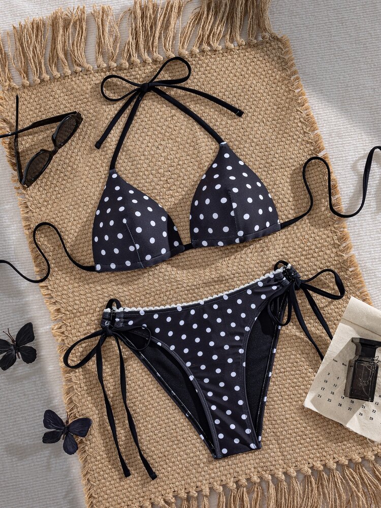 Sunnyshic 2pcs/Set Summer New Random Print Black And White Polka Dot Triangle Halter Neck Bikini Set Ruffle Trim Sexy Elegant Vacation Beach Women Swimwear - Black and White - View 7