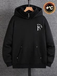 SHEIN 青少年男孩哥德風字母圖案黑色雙領拉鍊連帽衛衣秋季款 - 黑色 - 查看 4