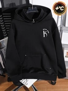 SHEIN 青少年男孩哥德風字母圖案黑色雙領拉鍊連帽衛衣秋季款 - 黑色 - 查看 5