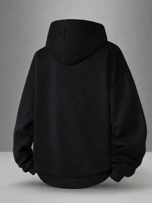 SHEIN 青少年男孩哥德風字母圖案黑色雙領拉鍊連帽衛衣秋季款 - 黑色 - 查看 3