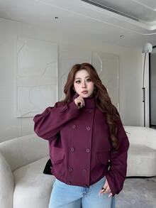 Vibekara Plus Size Fashion Minimalist Vintage Workwear Short Jacket Outerwear Top Autumn/Winter Suitable For Daily Outings Fall - Burgundy - View 8