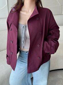 Vibekara Plus Size Fashion Minimalist Vintage Workwear Short Jacket Outerwear Top Autumn/Winter Suitable For Daily Outings Fall - Burgundy - View 7