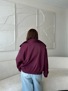 Vibekara Plus Size Fashion Minimalist Vintage Workwear Short Jacket Outerwear Top Autumn/Winter Suitable For Daily Outings Fall - Burgundy - View 2