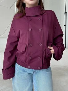 Vibekara Plus Size Fashion Minimalist Vintage Workwear Short Jacket Outerwear Top Autumn/Winter Suitable For Daily Outings Fall - Burgundy - View 3