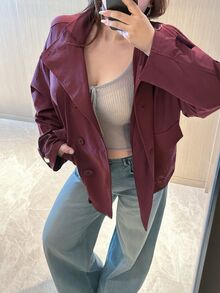 Vibekara Plus Size Fashion Minimalist Vintage Workwear Short Jacket Outerwear Top Autumn/Winter Suitable For Daily Outings Fall - Burgundy - View 5