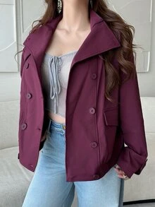 Vibekara Plus Size Fashion Minimalist Vintage Workwear Short Jacket Outerwear Top Autumn/Winter Suitable For Daily Outings Fall - Burgundy - View 6