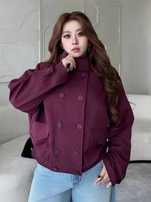 Vibekara Plus Size Fashion Minimalist Vintage Workwear Short Jacket Outerwear Top Autumn/Winter Suitable For Daily Outings Fall - Burgundy - View 1