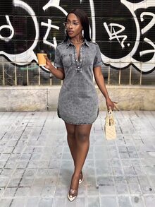 Slaydiva Women's Collared Casual Daily Summer Travel Denim Dress - Black - View 6