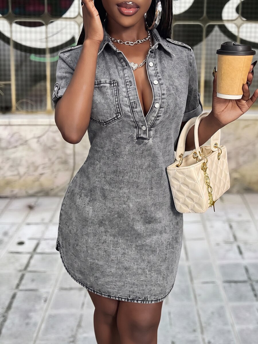 Slaydiva Women's Collared Casual Daily Summer Travel Denim Dress - Black - View 1
