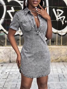 Slaydiva Women's Collared Casual Daily Summer Travel Denim Dress - Black - View 5
