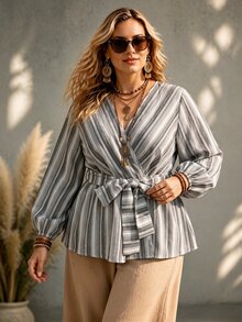 Ceyna 大尺碼可追溯棉質灰色V領收腰喇叭袖長袖女式襯衫，適合早午餐、度假、正式場合，秋季優雅波希米亞休閒風 - 灰色 - 查看 6