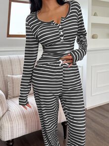 SHEIN 前扣式休闲条纹印花长袖上衣和裤子女士睡衣套装秋冬服装 - 深灰色 - 查看 6
