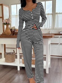 SHEIN 前扣式休闲条纹印花长袖上衣和裤子女士睡衣套装秋冬服装 - 深灰色 - 查看 5