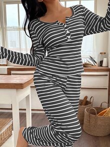 SHEIN 前扣式休闲条纹印花长袖上衣和裤子女士睡衣套装秋冬服装 - 深灰色 - 查看 4