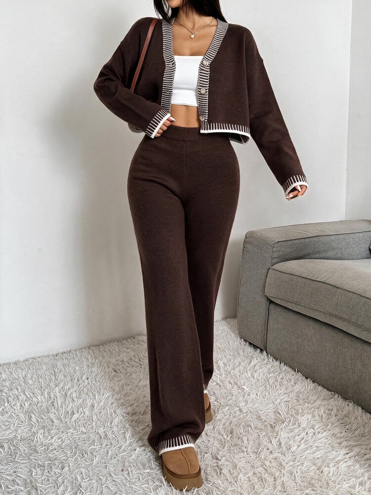 CovetEZ Women's Striped Long Sleeve Single-Breasted Knit Cardigan And Knit Pants Casual Set - Brown - View 3