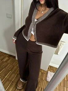 CovetEZ 女款條紋長袖單排扣針織開襟衫與針織長褲休閒套裝 - 棕色 - 查看 7