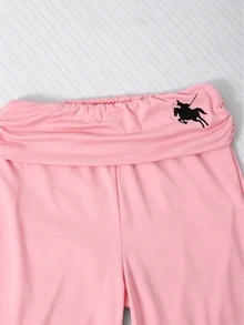 SHEIN 女童深藍色翻折低腰馬術小馬印花喇叭褲，彈性百搭修身喇叭運動內搭褲，舒適春秋日常校園休閒外穿 - 粉色 - 查看 4