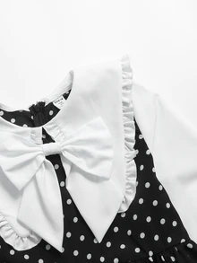 SHEIN Tween Girkids Long Sleeve Contrast Color Cinched Waist Bow Exaggerated Large White Ruffle Collar Long Polka Dot Dress Autumn/Winter - Black - View 4