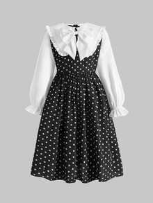 SHEIN Tween Girkids Long Sleeve Contrast Color Cinched Waist Bow Exaggerated Large White Ruffle Collar Long Polka Dot Dress Autumn/Winter - Black - View 5